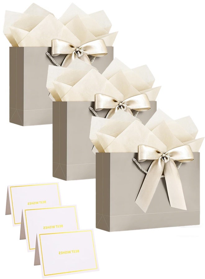 3PCS Champagne Color Large Gift Bags, Paper Bags with Ribbon, Greeting Cards and Tissue Paper, Portable Party Bags with Handles, Birthday Gift Bags, Present Bags for Wedding Party, Party Supplies Bags size :32cm*25cm*11cm - Image 1